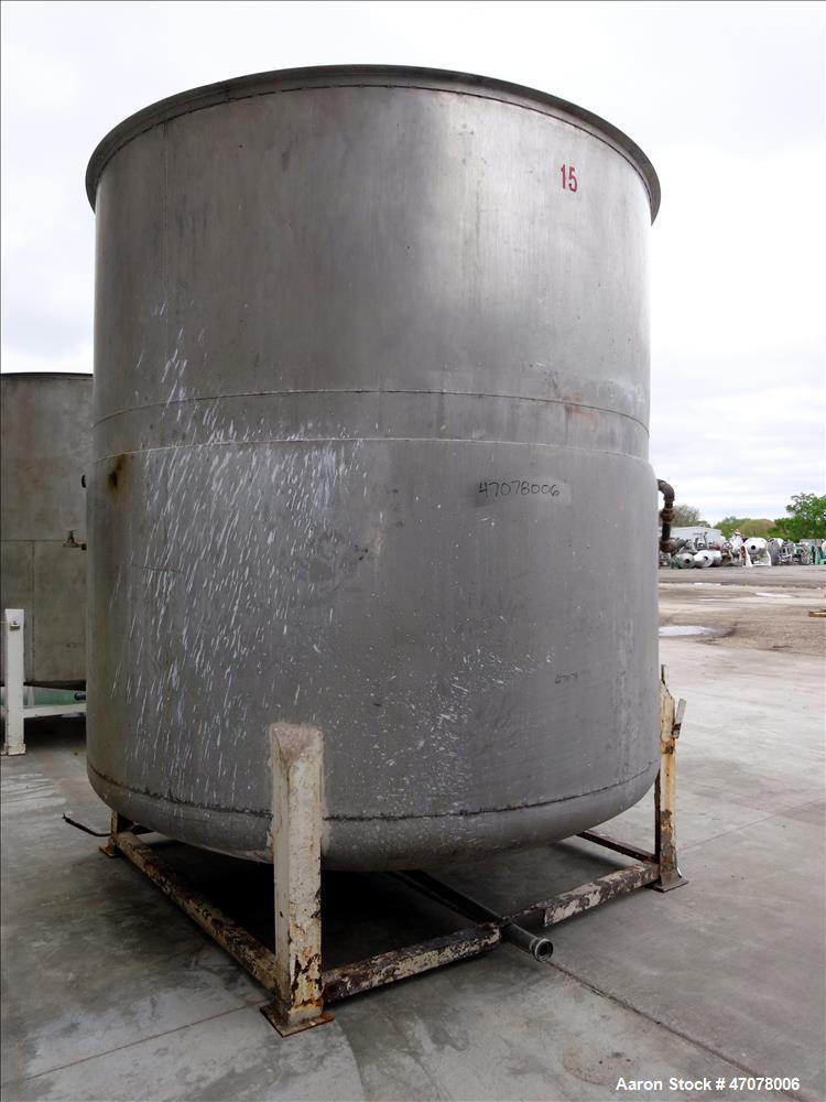 Used Tank, Approximate 4500 Gallon, Stainless Steel, Vertical. Approximate 114" diameter x 106" straight side. Open top with lift off cover, dished bottom.  2" Center bottom outlet. Mounted on 4 carb...