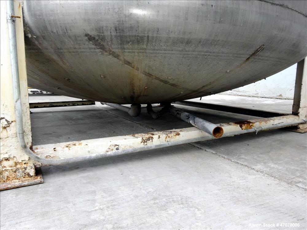 Used Tank, Approximate 4500 Gallon, Stainless Steel, Vertical. Approximate 114" diameter x 106" straight side. Open top with lift off cover, dished bottom.  2" Center bottom outlet. Mounted on 4 carb...
