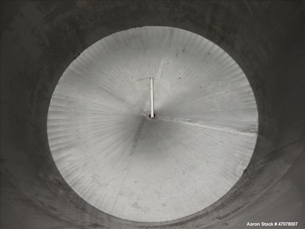 Used Tank, Approximate 4,000 Gallon, 304 Stainless Steel, Vertical. Approximate 108" diameter x 105" straight side. Open top with lift off cover, dished bottom. 2" Center bottom outlet. Mounted on (4...