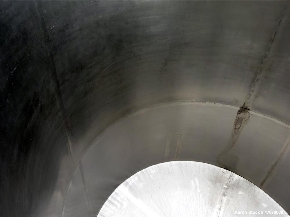 Used Tank, Approximate 4,000 Gallon, 304 Stainless Steel, Vertical. Approximate 108" diameter x 105" straight side. Open top with lift off cover, dished bottom. 2" Center bottom outlet. Mounted on (4...