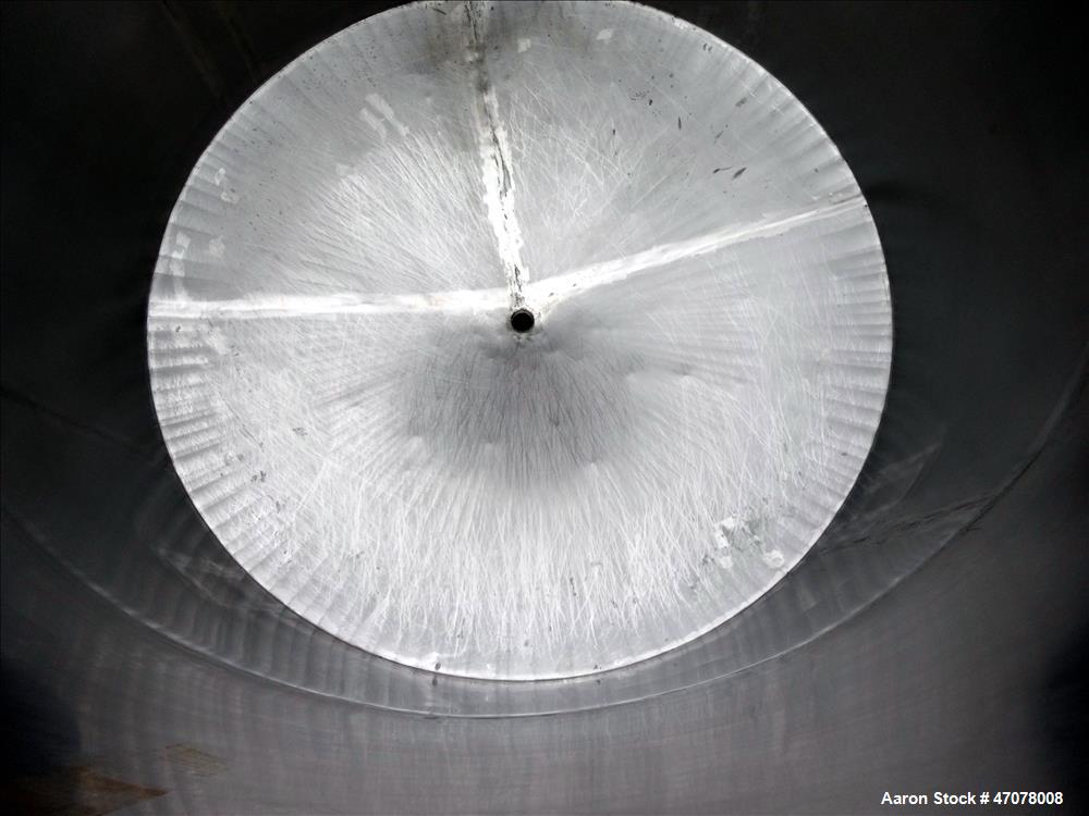 Used Tank, Approximate 4,000 Gallon, 304 Stainless Steel, Vertical. Approximate 108" diameter x 105" straight side. Open top with lift off cover, dished bottom. 2" Center bottom outlet. Mounted on (4...