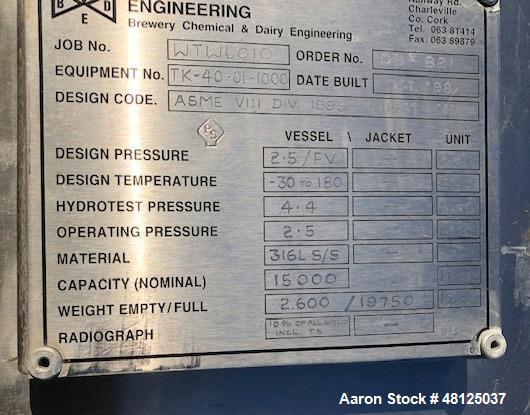 Used- BCD Engineering Storage Tank, 3962 Gallon