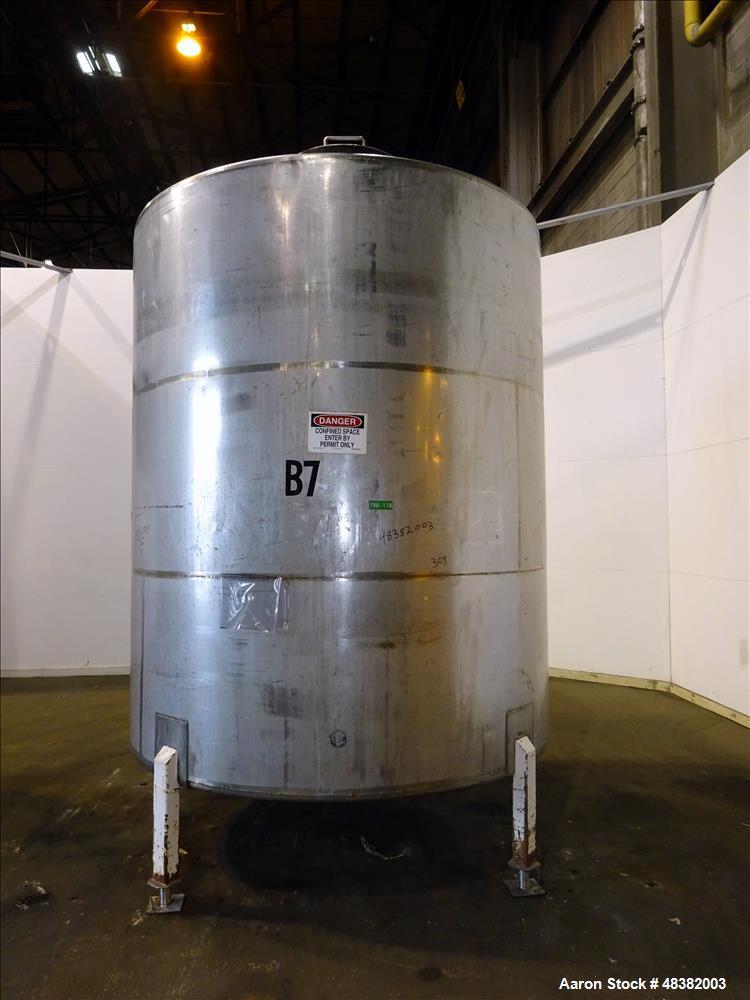 Used Tank, 3,000 Gallons, 304 Stainless Steel, Vertical. Approximate 92" diameter x 108" straight side, flat top, cone bottom. Side entering 4-blade agitator driven by a 5hp, 3/60/230/460 volt, 1725 ...