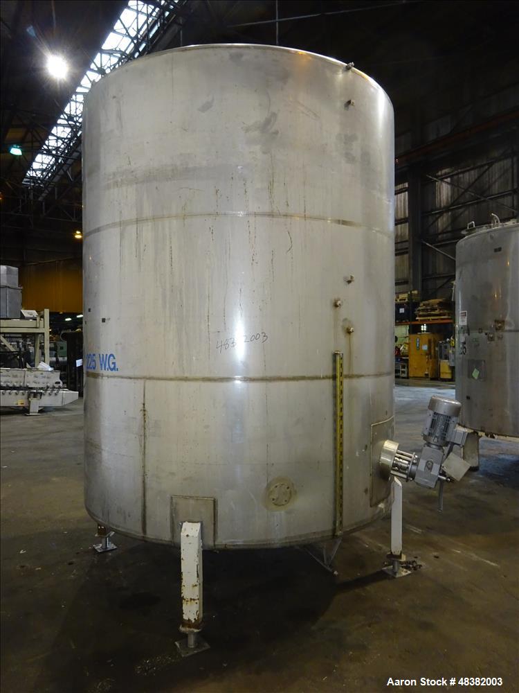 Used Tank, 3,000 Gallons, 304 Stainless Steel, Vertical. Approximate 92" diameter x 108" straight side, flat top, cone bottom. Side entering 4-blade agitator driven by a 5hp, 3/60/230/460 volt, 1725 ...