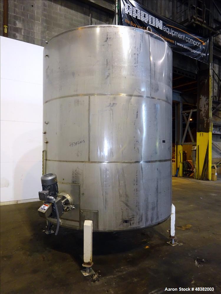 Used Tank, 3,000 Gallons, 304 Stainless Steel, Vertical. Approximate 92" diameter x 108" straight side, flat top, cone bottom. Side entering 4-blade agitator driven by a 5hp, 3/60/230/460 volt, 1725 ...