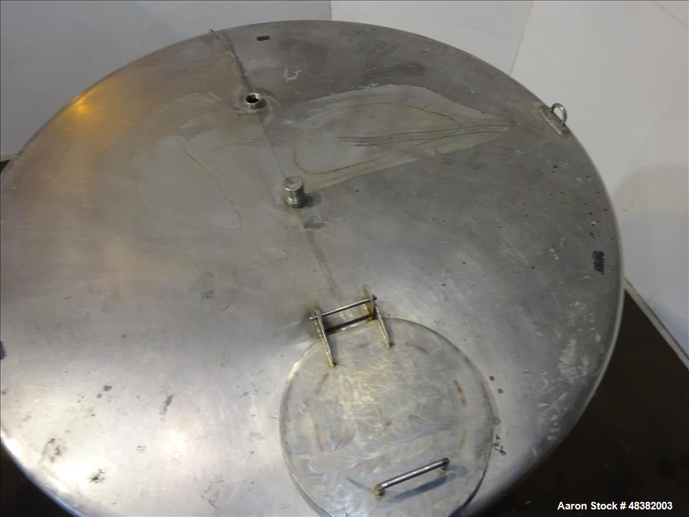 Used Tank, 3,000 Gallons, 304 Stainless Steel, Vertical. Approximate 92" diameter x 108" straight side, flat top, cone bottom. Side entering 4-blade agitator driven by a 5hp, 3/60/230/460 volt, 1725 ...