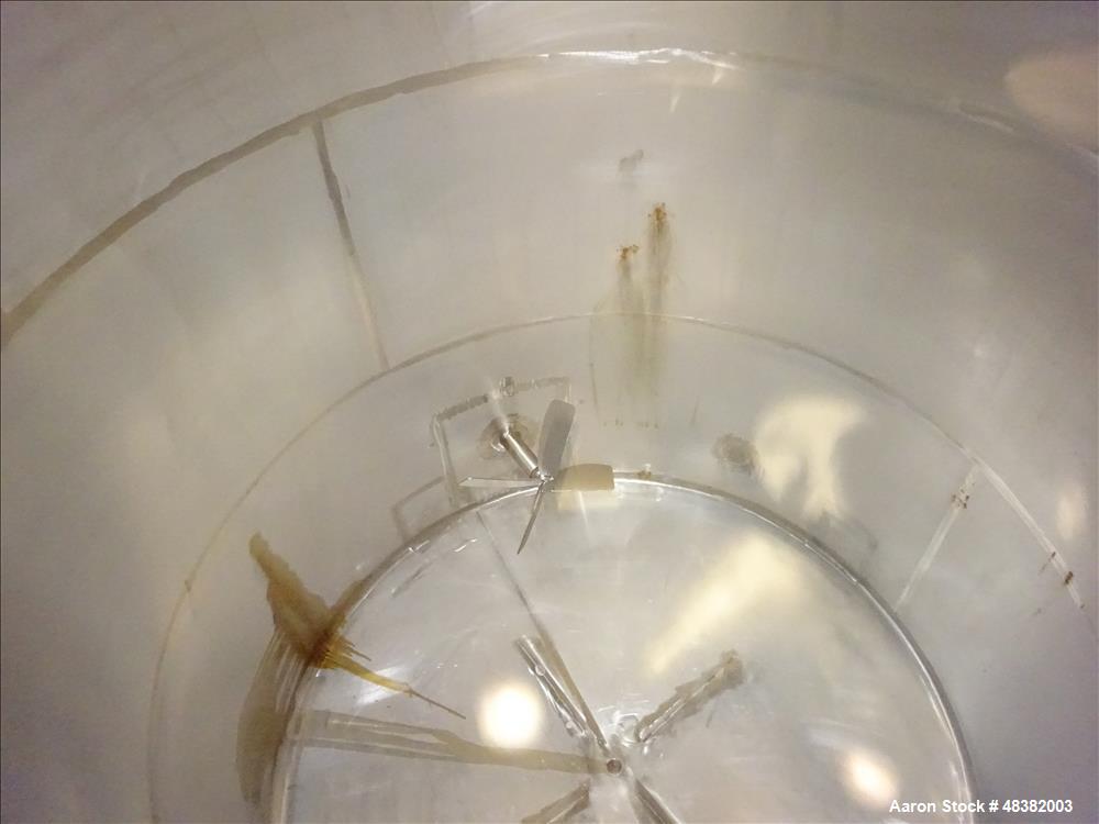 Used Tank, 3,000 Gallons, 304 Stainless Steel, Vertical. Approximate 92" diameter x 108" straight side, flat top, cone bottom. Side entering 4-blade agitator driven by a 5hp, 3/60/230/460 volt, 1725 ...