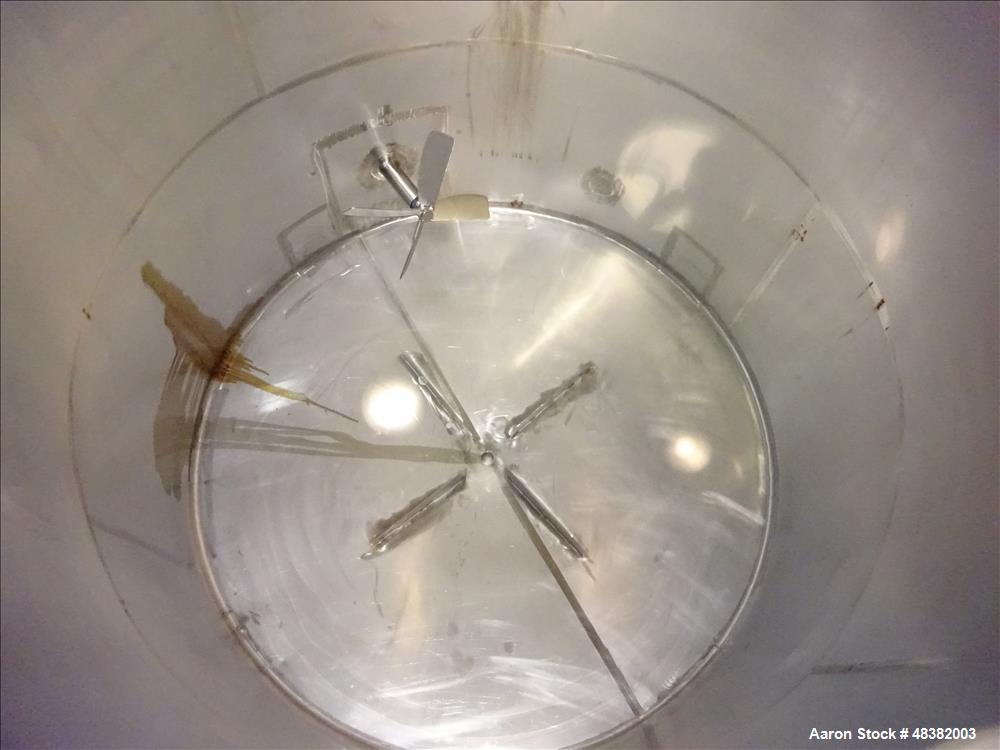 Used Tank, 3,000 Gallons, 304 Stainless Steel, Vertical. Approximate 92" diameter x 108" straight side, flat top, cone bottom. Side entering 4-blade agitator driven by a 5hp, 3/60/230/460 volt, 1725 ...