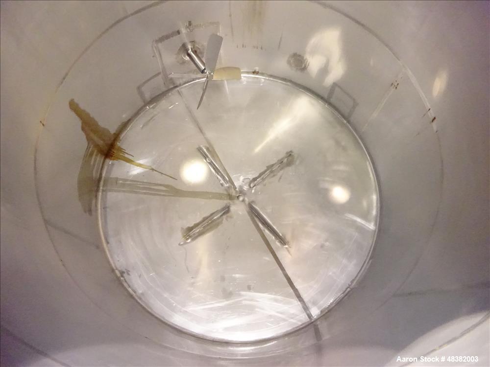 Used Tank, 3,000 Gallons, 304 Stainless Steel, Vertical. Approximate 92" diameter x 108" straight side, flat top, cone bottom. Side entering 4-blade agitator driven by a 5hp, 3/60/230/460 volt, 1725 ...