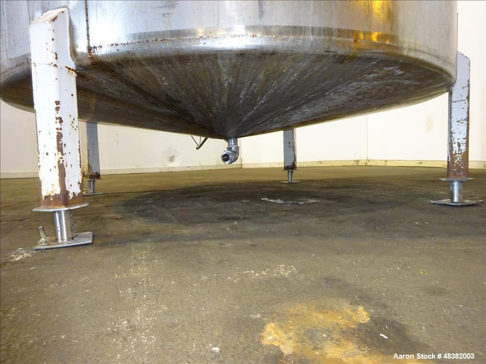 Used Tank, 3,000 Gallons, 304 Stainless Steel, Vertical. Approximate 92" diameter x 108" straight side, flat top, cone bottom. Side entering 4-blade agitator driven by a 5hp, 3/60/230/460 volt, 1725 ...