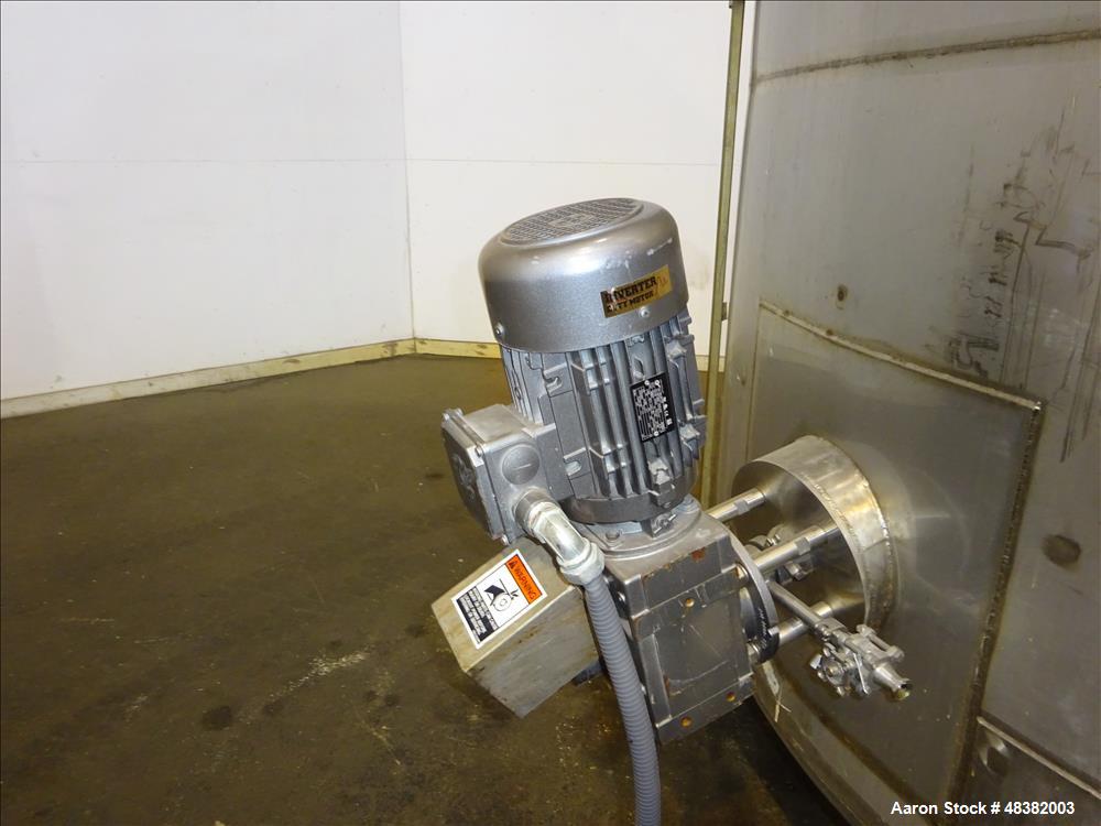 Used Tank, 3,000 Gallons, 304 Stainless Steel, Vertical. Approximate 92" diameter x 108" straight side, flat top, cone bottom. Side entering 4-blade agitator driven by a 5hp, 3/60/230/460 volt, 1725 ...