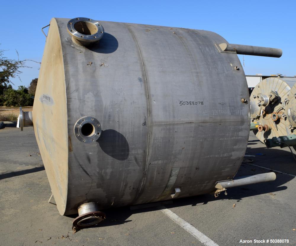 Used Tank, Approximate 2200 Gallon, 316 Stainless Steel, Vertical. Approximate 90" diameter x 78" straight side, coned top and bottom. Side man way with cover, center bottom outlet. Mounted on 4 stai...