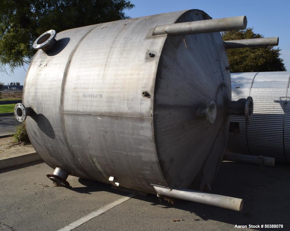 Used Tank, Approximate 2200 Gallon, 316 Stainless Steel, Vertical. Approximate 90" diameter x 78" straight side, coned top and bottom. Side man way with cover, center bottom outlet. Mounted on 4 stai...