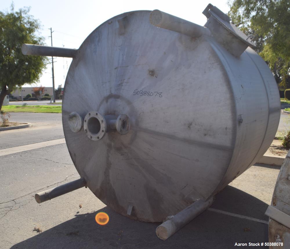 Used Tank, Approximate 2200 Gallon, 316 Stainless Steel, Vertical. Approximate 90" diameter x 78" straight side, coned top and bottom. Side man way with cover, center bottom outlet. Mounted on 4 stai...