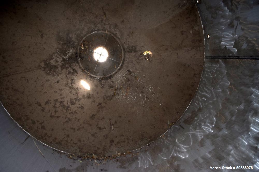 Used Tank, Approximate 2200 Gallon, 316 Stainless Steel, Vertical. Approximate 90" diameter x 78" straight side, coned top and bottom. Side man way with cover, center bottom outlet. Mounted on 4 stai...