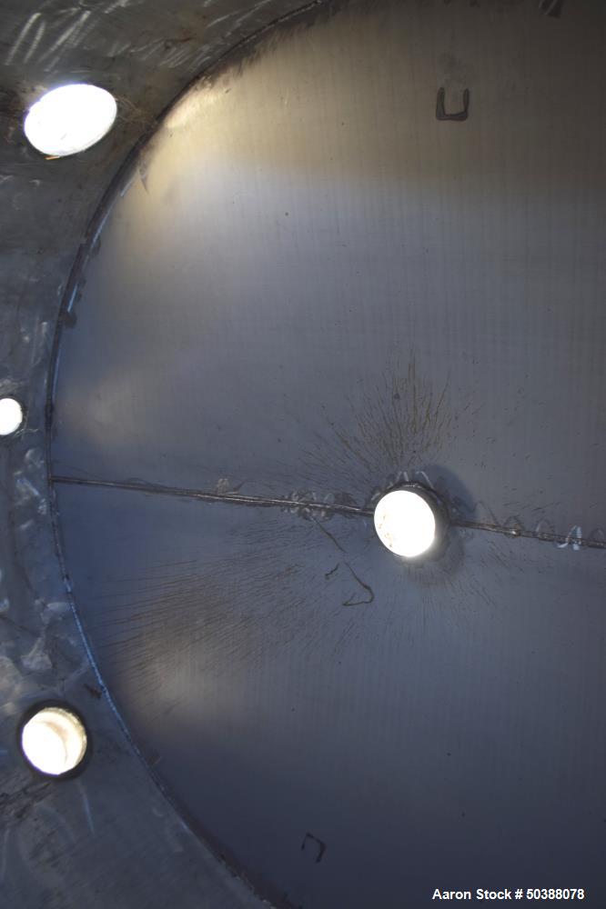 Used Tank, Approximate 2200 Gallon, 316 Stainless Steel, Vertical. Approximate 90" diameter x 78" straight side, coned top and bottom. Side man way with cover, center bottom outlet. Mounted on 4 stai...
