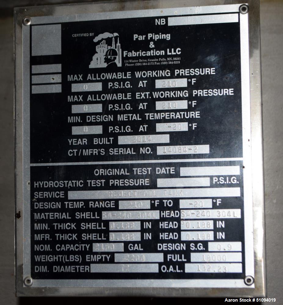 Par Piping & Fabrication 2,150 Gallon Stainless Steel Tank