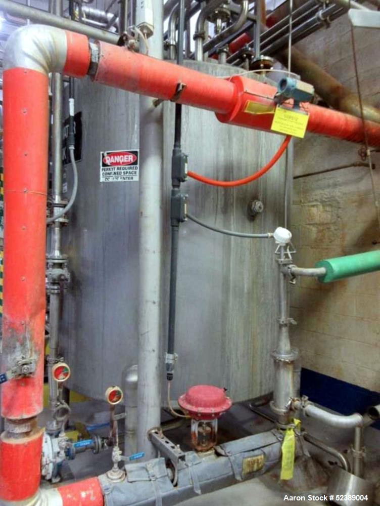 Used 1200 Gallon Stainless Steel Tank, Vertical. Approximate 66" diameter x 80" deep. Dished top & bottom heads. Openings top: 20" diameter manway with cover, (1) 4" tri-clamp reduced to 2", (1) 3" d...