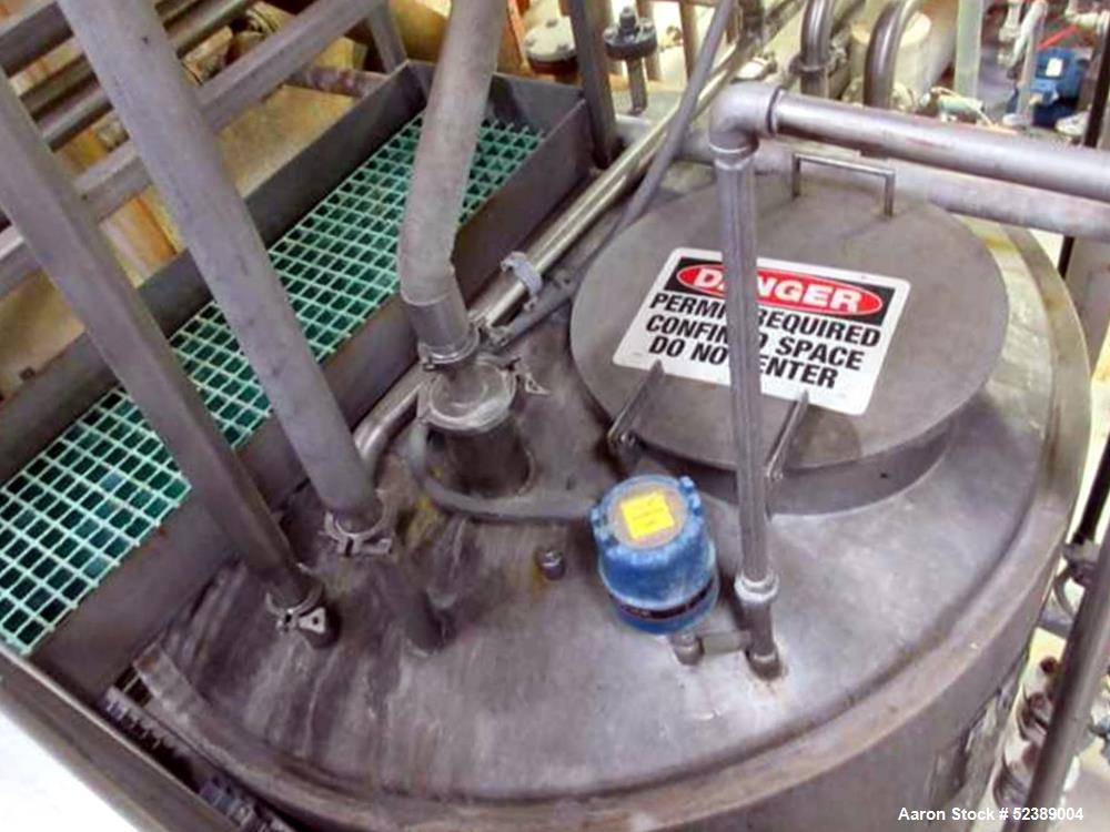 Used 1200 Gallon Stainless Steel Tank, Vertical. Approximate 66" diameter x 80" deep. Dished top & bottom heads. Openings top: 20" diameter manway with cover, (1) 4" tri-clamp reduced to 2", (1) 3" d...