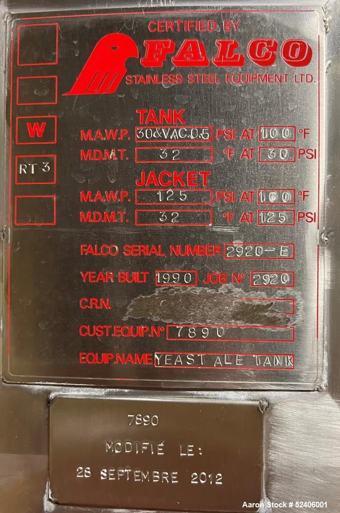 Used Falco Stainless Steel Equipment Jacketed Pressure Tank, Approximate 4000 Ga