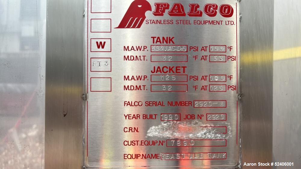 Used-Falco Stainless Steel Equipment Jacketed Pressure Tank, Approximate 4000 Ga