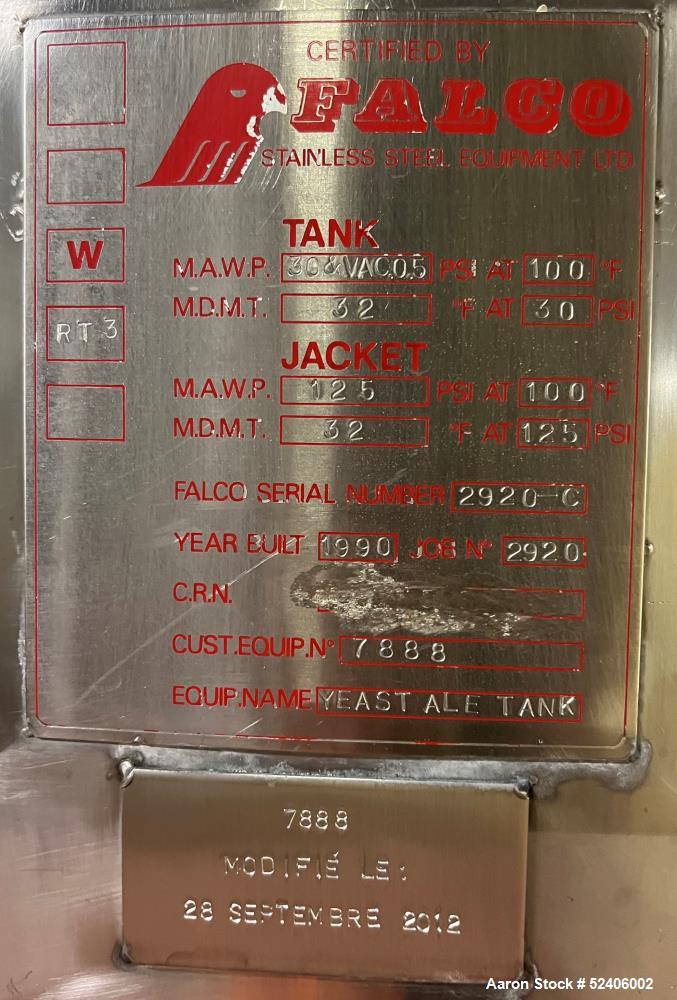 Used Falco Stainless Steel Equipment Jacketed Pressure Tank, Approximate 4000 Ga