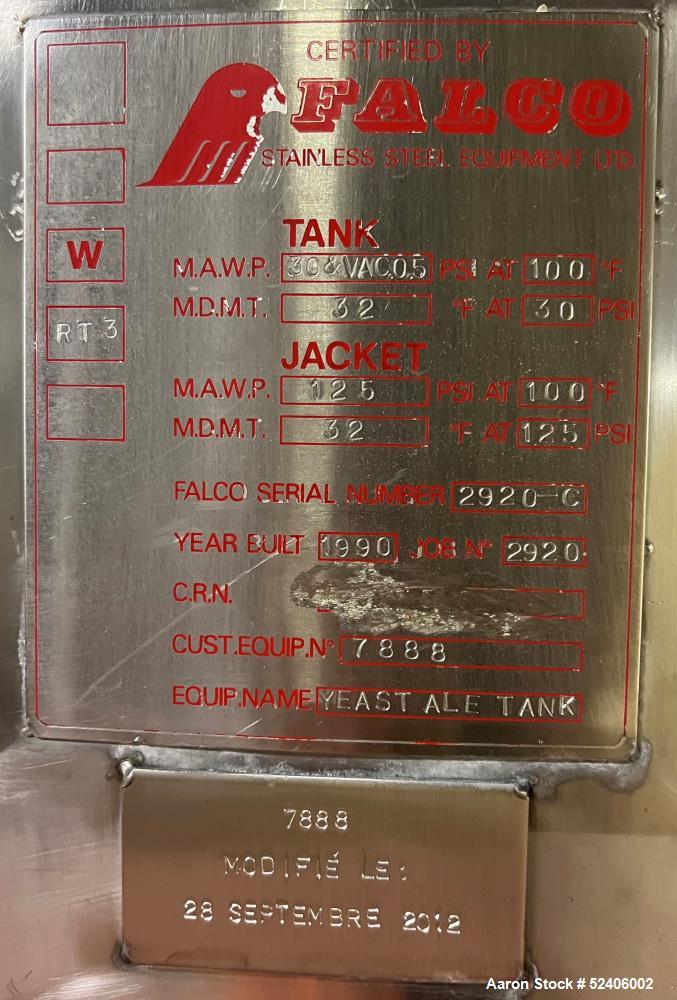 Used-Falco Stainless Steel Equipment Jacketed Pressure Tank, Approximate 4000 Ga