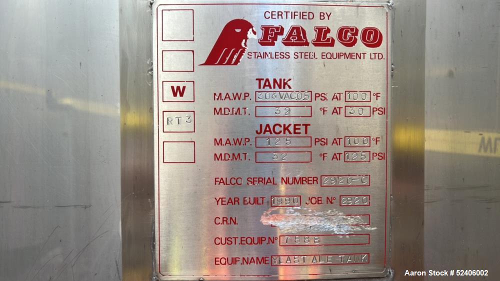 Used Falco Stainless Steel Equipment Jacketed Pressure Tank, Approximate 4000 Ga
