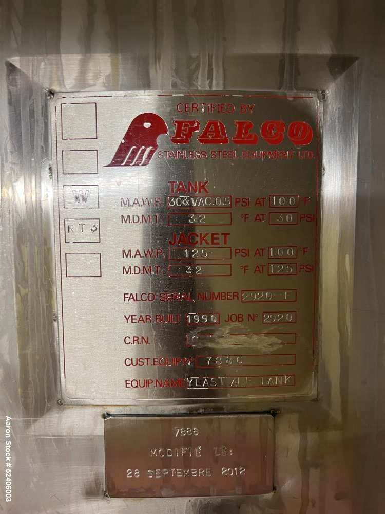 Used Falco Stainless Steel Equipment Jacketed Pressure Tank, Approximate 4000 Ga