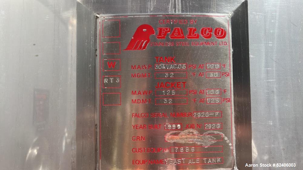 Used Falco Stainless Steel Equipment Jacketed Pressure Tank, Approximate 4000 Ga