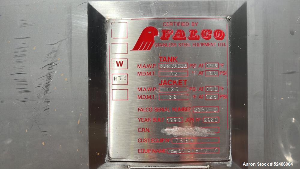 Used Falco Stainless Steel Equipment Jacketed Pressure Tank, Approximate 4000 Ga