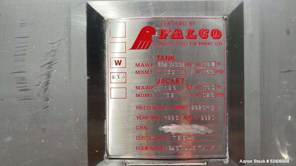 Used-Falco Stainless Steel Equipment Jacketed Pressure Tank, Approximate 4000 Ga