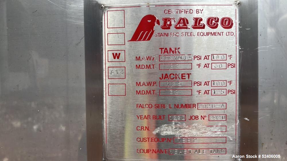 Used Falco Stainless Steel Equipment Jacketed Pressure Tank, Approximate 4000 Ga