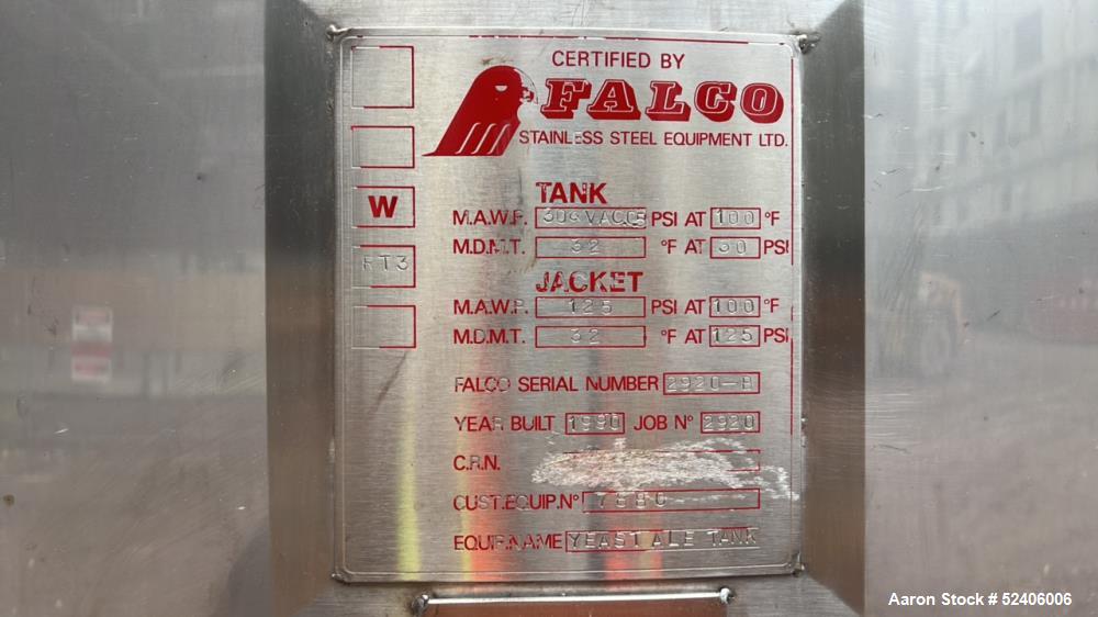 Used-Falco Stainless Steel Equipment Jacketed Pressure Tank, Approximate 4000 Ga