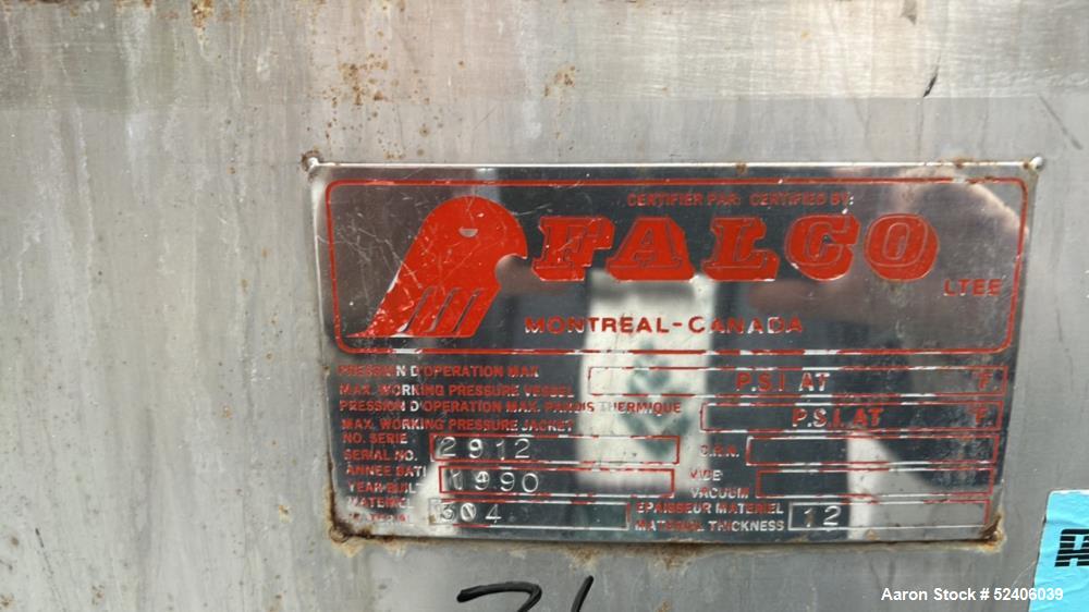 Used Falco Tank, Approximate 2500 Gallon, 304 Stainless Steel, Vertical. Approximate 96" diameter x 84" straight side, coned top & bottom. Mounted on 4 stainless legs. Serial# 2912,