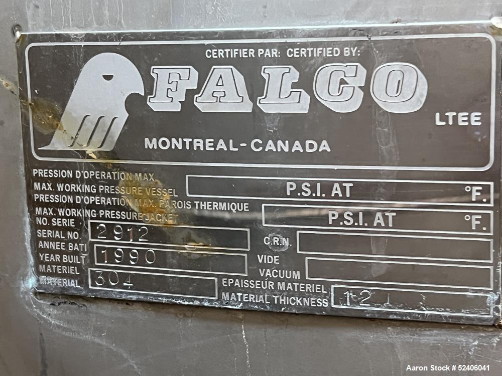 Usado- Tanque Falco, aproximadamente 2500 galones, acero inoxidable 304, vertical. Aproximadamente 96' de diámetro x 84' de ...