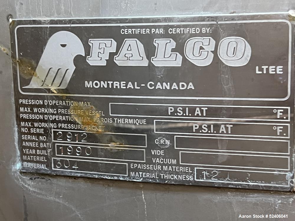 Used Falco Tank, Approximate 2500 Gallon, 304 Stainless Steel, Vertical. Approximate 96" diameter x 84" straight side, coned top & bottom. Mounted on 4 stainless legs. Serial# 2912.