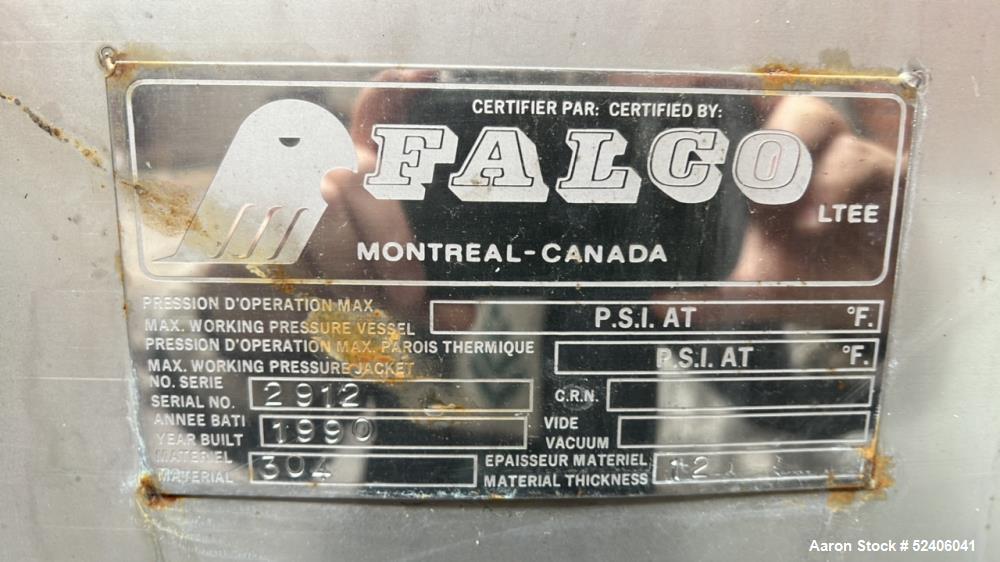 Used Falco Tank, Approximate 2500 Gallon, 304 Stainless Steel, Vertical. Approximate 96" diameter x 84" straight side, coned top & bottom. Mounted on 4 stainless legs. Serial# 2912.