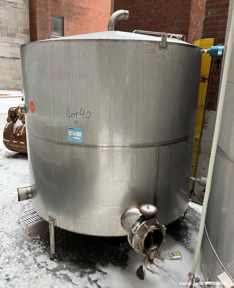 Used Tank, Approximate 1800 Gallon, Stainless Steel, Vertical. Approximate 84" diameter x 72" straight side, coned top & bottom. Mounted on 6 stainless legs.