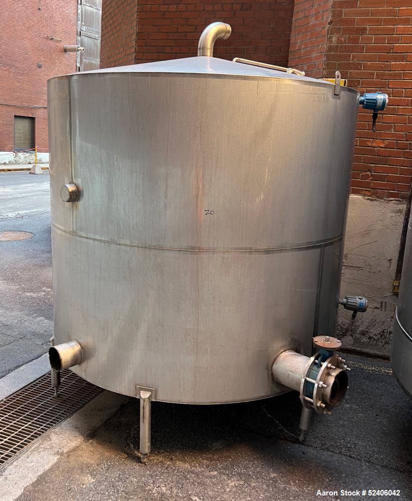 Used Tank, Approximate 1800 Gallon, Stainless Steel, Vertical. Approximate 84" diameter x 72" straight side, coned top & bottom. Mounted on 6 stainless legs.