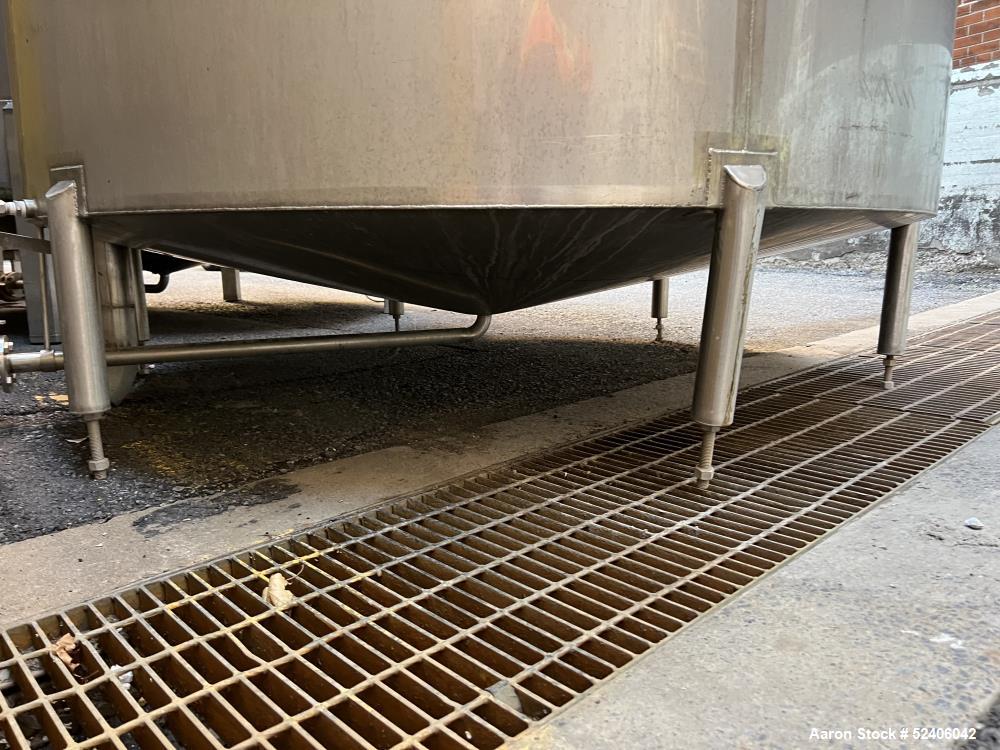Used Tank, Approximate 1800 Gallon, Stainless Steel, Vertical. Approximate 84" diameter x 72" straight side, coned top & bottom. Mounted on 6 stainless legs.