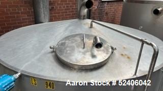 Used Tank, Approximate 1800 Gallon, Stainless Steel, Vertical. Approximate 84" diameter x 72" straight side, coned top & bottom. Mounted on 6 stainless legs.