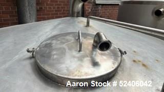 Used Tank, Approximate 1800 Gallon, Stainless Steel, Vertical. Approximate 84" diameter x 72" straight side, coned top & bottom. Mounted on 6 stainless legs.