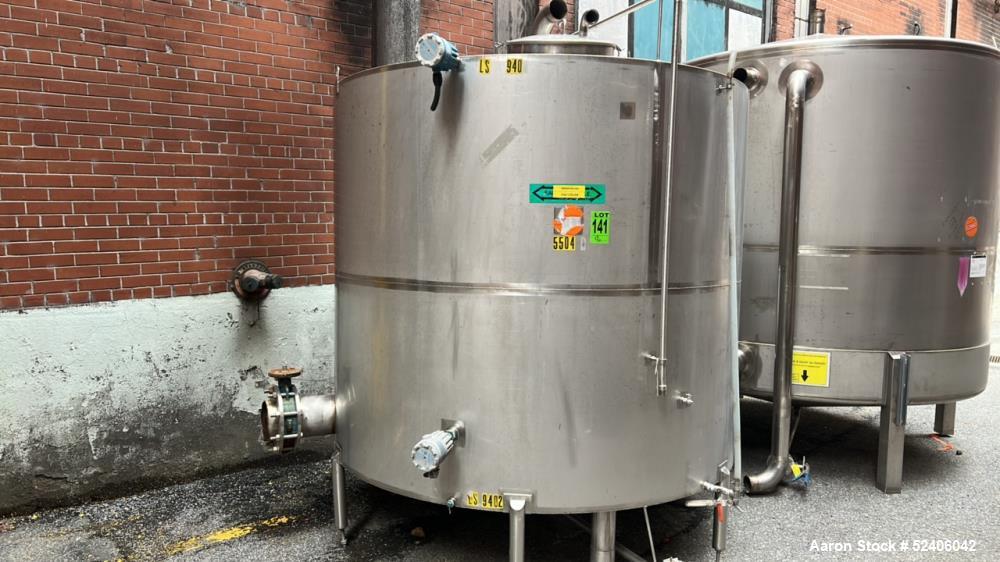 Used Tank, Approximate 1800 Gallon, Stainless Steel, Vertical. Approximate 84" diameter x 72" straight side, coned top & bottom. Mounted on 6 stainless legs.