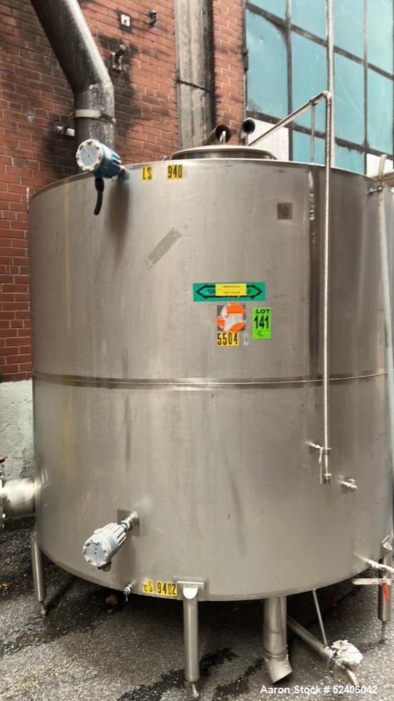 Used Tank, Approximate 1800 Gallon, Stainless Steel, Vertical. Approximate 84" diameter x 72" straight side, coned top & bottom. Mounted on 6 stainless legs.