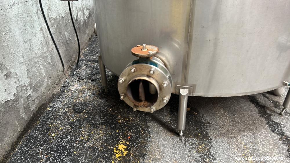 Used Tank, Approximate 1800 Gallon, Stainless Steel, Vertical. Approximate 84" diameter x 72" straight side, coned top & bottom. Mounted on 6 stainless legs.
