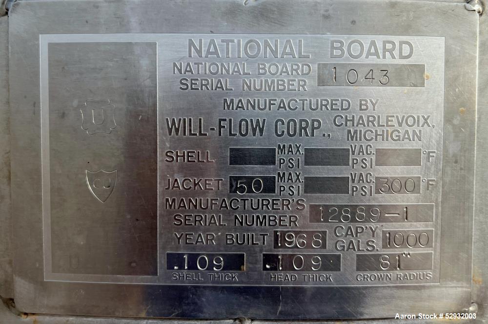 Will Flow 1000 Gallon Agitated Jacketed Tank