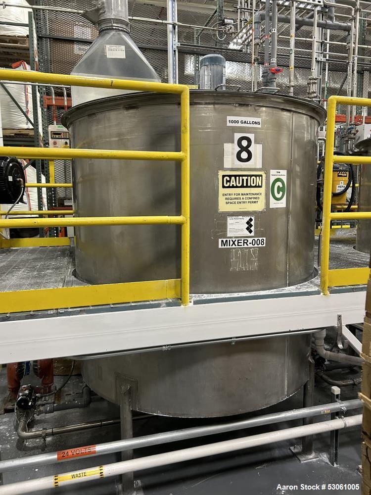 Used 1,000 Gallon Mix Tank, W/ agitation, approx. 2" shaft, 4 blade trubine, with 3 internal baffles. Flat top w/2 piece hinge cover. Cone bottom (approx 8"). 3" center bottom outlet w/reducing flang...