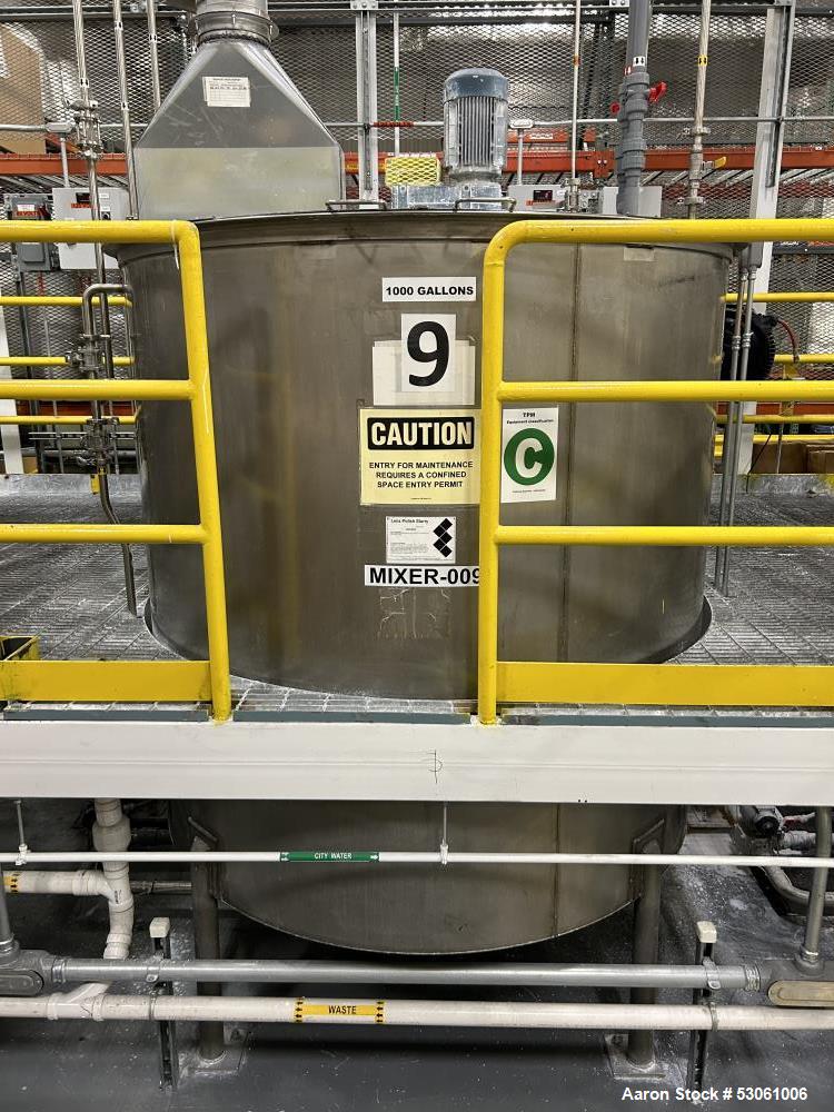 Used 1,000 Gallon Mix Tank, W/ agitation, approx. 2" shaft, 4 blade trubine, with 3 internal baffles. Flat top w/2 piece hinge cover. Cone bottom (approx 8"). 3" center bottom outlet w/reducing flang...