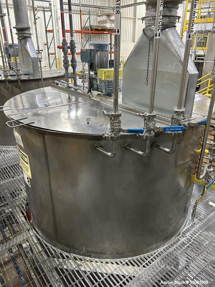 Used 1,000 Gallon Mix Tank, W/ agitation, approx. 2" shaft, 4 blade trubine, with 3 internal baffles. Flat top w/2 piece hinge cover. Cone bottom (approx 8"). 3" center bottom outlet w/reducing flang...
